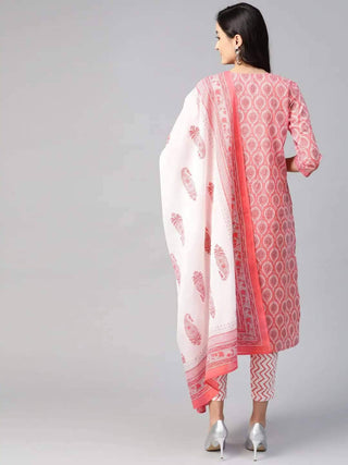 Pink & White Printed Kurta with Trousers & Dupatta Online - RiaFashions - Ria Fashions