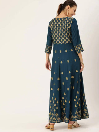 Teal & Gold-Toned Printed Anarkali Kurta - Ria Fashions