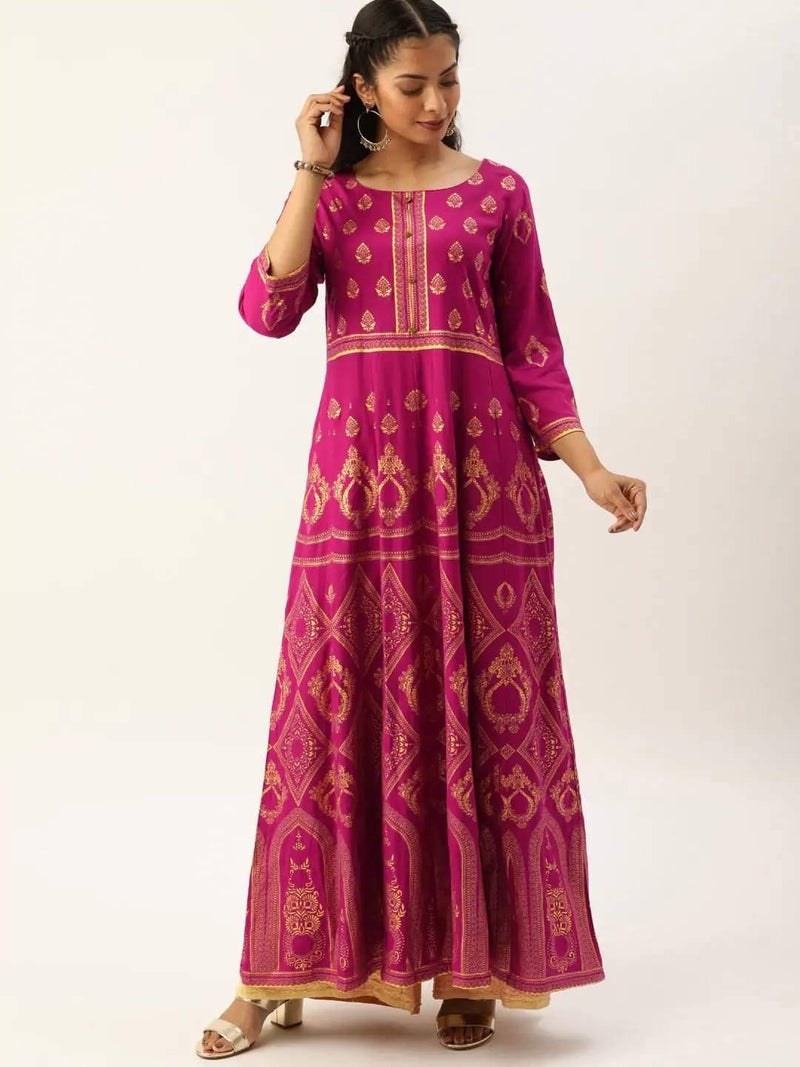 Magenta Pink & Gold-Toned Printed Anarkali Kurta - Ria Fashions