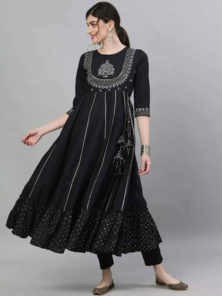 Black & Silver-Toned Embroidered Anarkali Kurta - Ria Fashions