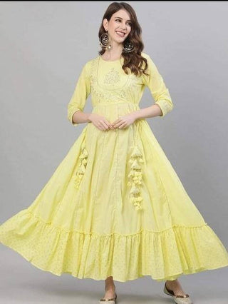 Yellow & Silver Embroidered Anarkali Kurta - Ria Fashions