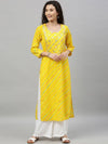 Yellow & White Leheriya Print Cotton Sequinned Straight Kurta - Ria Fashions