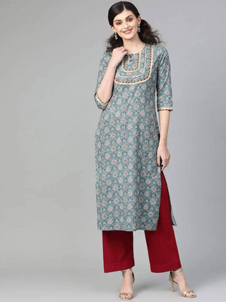 Green & Blue Printed  Cotton Straight Kurta - Ria Fashions