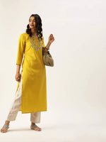 Mustard Yellow Floral Yoke Embroidered Straight Kurta - Ria Fashions