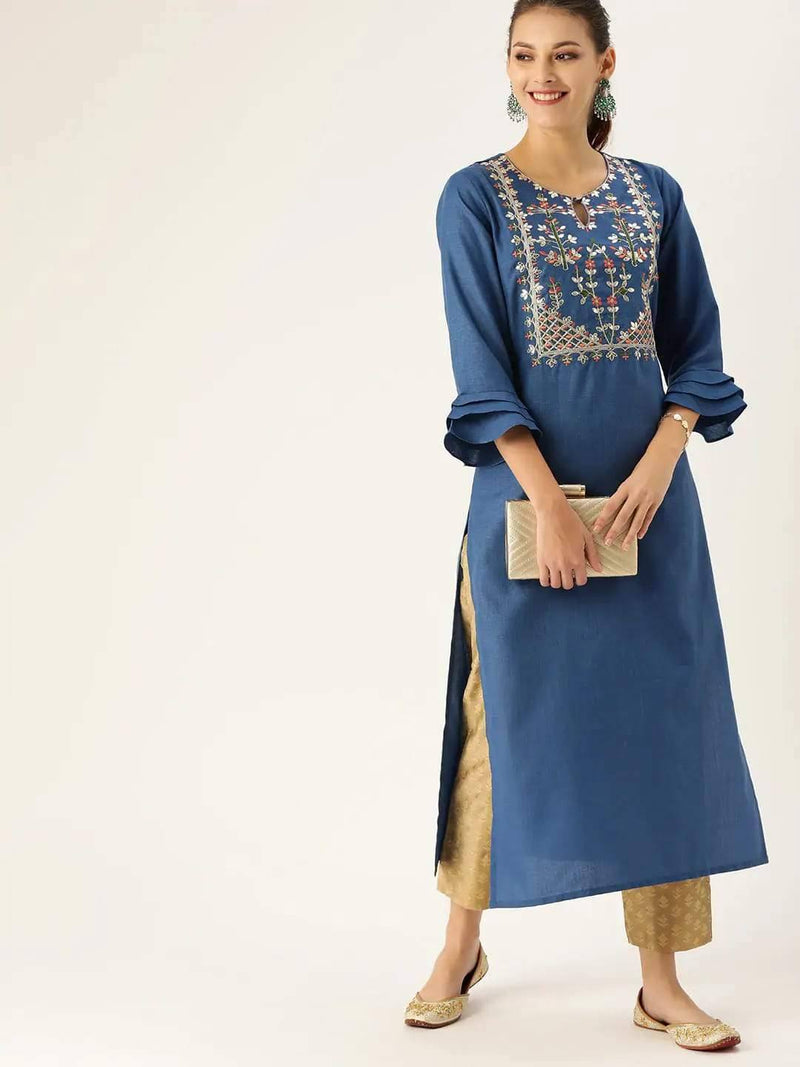 Blue Embroidered Straight  Kurta - Ria Fashions