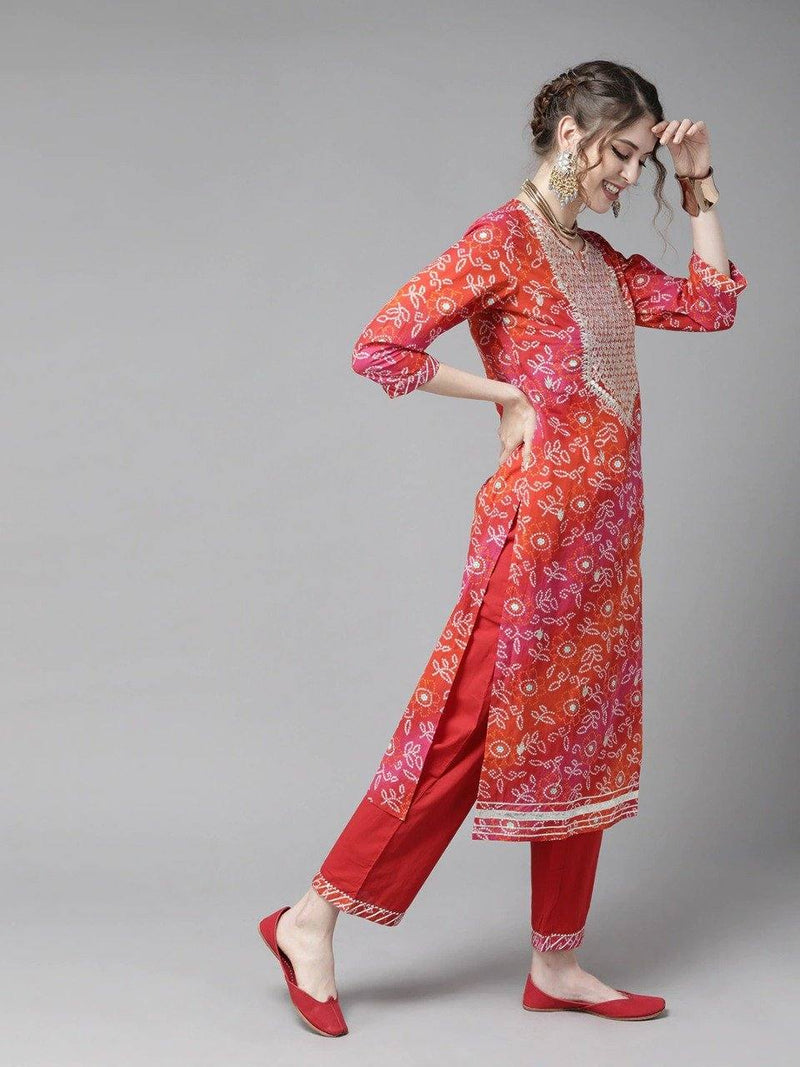 Red-White Bandhani Suit Set with Dupatta - Ria Fashions