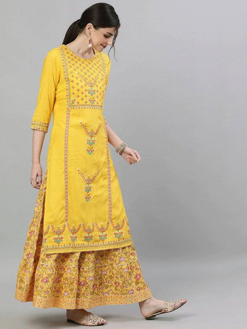 Yellow-Pink Embroidered Kurta with Skirt and Dupatta - Ria Fashions