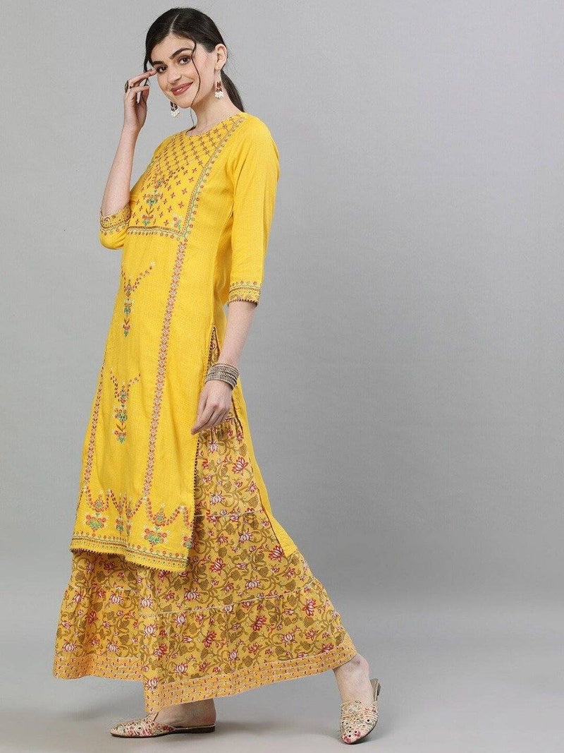 Yellow-Pink Embroidered Kurta with Skirt and Dupatta - Ria Fashions