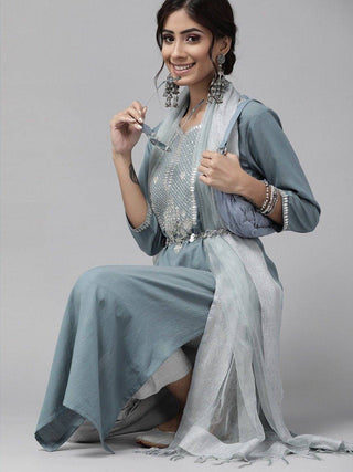 Grey Yoke Design Kurta Suit Set with Dupatta - Ria Fashions