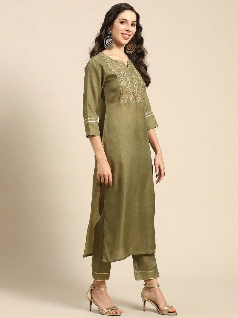 Green Embroidery Work Palazzo Suit Set - Ria Fashions