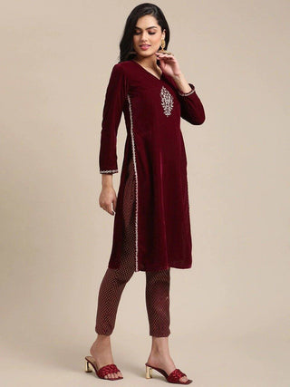 Maroon Embroidered Velvet Kurta Set - Ria Fashions