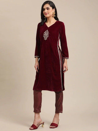 Maroon Embroidered Velvet Kurta Set - Ria Fashions