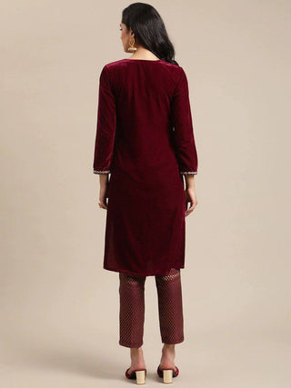 Maroon Embroidered Velvet Kurta Set - Ria Fashions