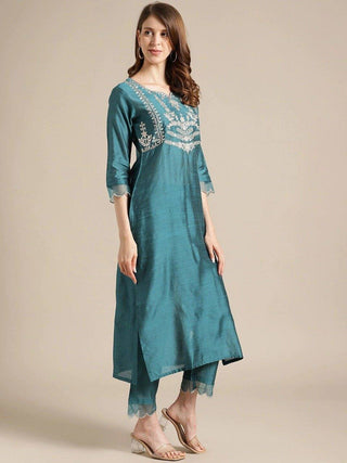 Teal Blue Embroidered Suit Set wit Dupatta - Ria Fashions