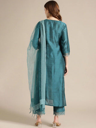 Teal Blue Embroidered Suit Set wit Dupatta - Ria Fashions