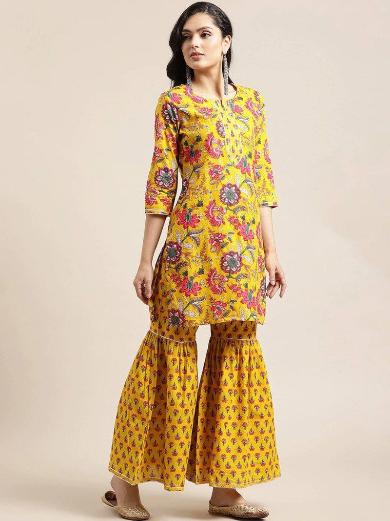 Yellow Flower Print Sharara Set with Dupatta - Ria Fashions