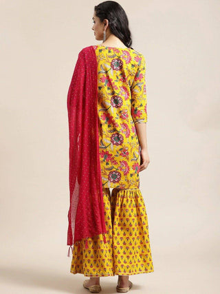 Yellow Flower Print Sharara Set with Dupatta - Ria Fashions