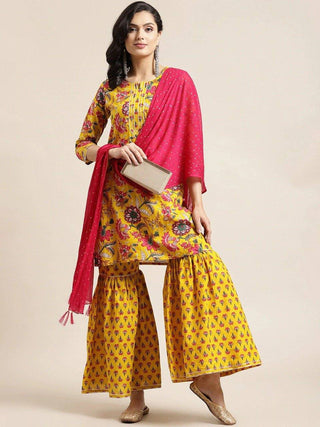 Yellow Flower Print Sharara Set with Dupatta - Ria Fashions