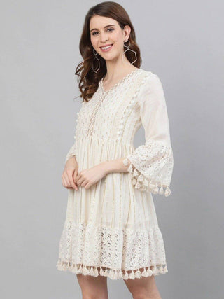 Off White Cotton Flared Dress - Ria Fashions