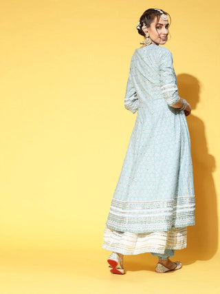 Blue and White Gotta Patti Anarkali Kurta - Ria Fashions