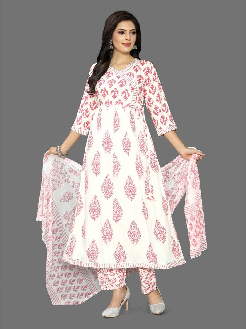 Printed A-Line Angrakha Style Kurta, Pant & Dupatta Set - Ria Fashions