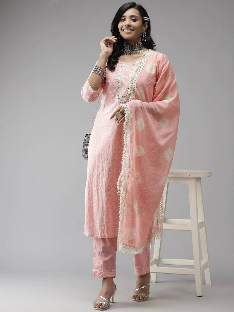 Pink Yoke Design, Gotta Patti Work Cotton Kurta with Palazzo & Dupatta - Ria Fashions