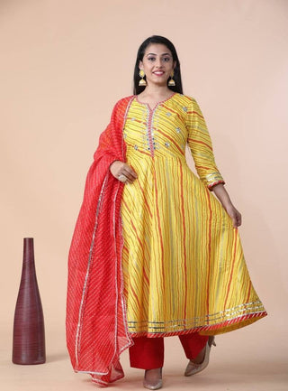 Premium Cotton Leheriya Print Anarkali Set With Gotta Patti Work And Organza Dupatta - Ria Fashions