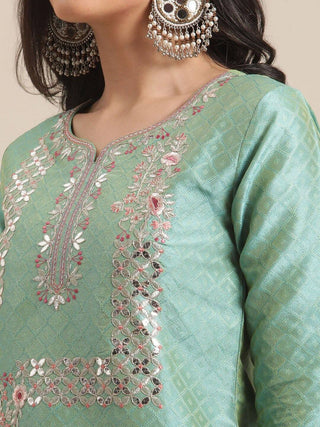 Sea Green Woven Design Kurta with Trouser & Dupatta - Ria Fashions