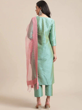 Sea Green Woven Design Kurta with Trouser & Dupatta - Ria Fashions