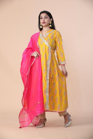 Premium Cotton Angrakha Style Floral Print Anarkali Set With Gotta Patti Work And Cotton Dupatta