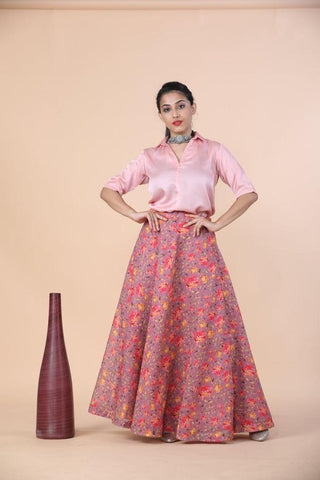 Floral Long Cotton Skirt With Silk Top