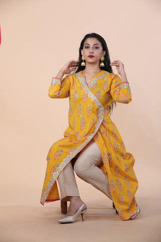 Premium Cotton Angrakha Style Floral Print Anarkali Set With Gotta Patti Work And Cotton Dupatta