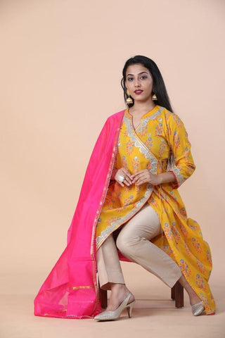 Premium Cotton Angrakha Style Floral Print Anarkali Set With Gotta Patti Work And Cotton Dupatta
