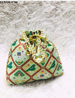 Green & Multi Color Embroidered Potli Bag