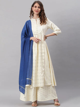 Off- White Poly Silk Ethnic Motifs Suit Set