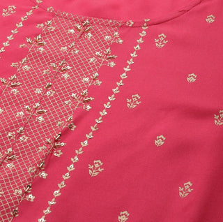 Pink Viscose Rayon Print Suit Set with Poly Chiffon Dupatta