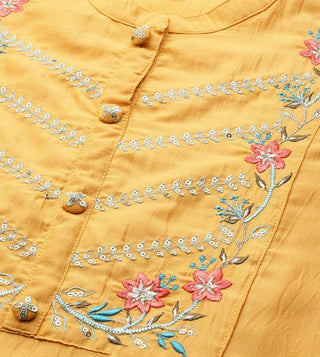 Silk Blend Yellow Thread Embroidered Suit Set with Organza Dupatta