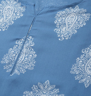 Viscose Rayon Blue & White Printed Suit Set with Voile Dupatta