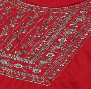 Red Rayon Slub Embroidered Sharara Set with Voile Dupatta