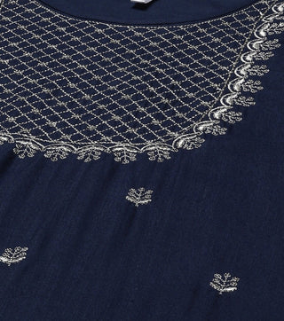 Navy Blue Rayon Slub Embroidered Sharara Set with Voile Dupatta