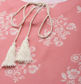 Cotton Blend Pink & Off White Floral Print Kurta Trouser Set