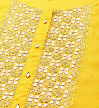 Yellow Viscose Rayon Yoke Design & Mirror Detailing Suit Set with Silk Blend Dupatta