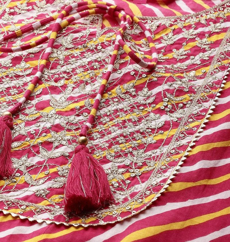 Pink & Yellow Cotton Leheriya Print & Gota Patti Detailing Straight Cut Kurta