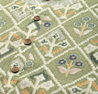 Green & Cream Cotton Silk Ethnic Motif & Geometric Print Straight Cut Kurta