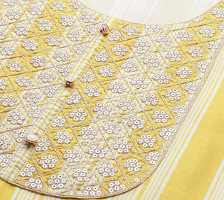 Yellow Silk Blend Striped & Sequined Detailing Suit Set with Organza Dupatta