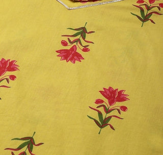 Yellow & Pink Cotton Sleeveless Floral Print Kurta