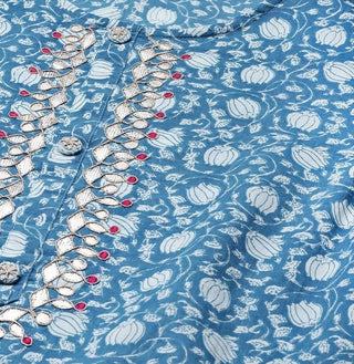 Blue & White Cotton Floral Print & Gotta Patti Detailing Kurta