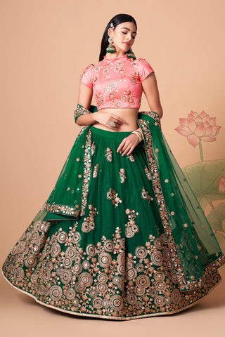 Pink & Green Silk Embroidered Lehenga Choli Set with Net Dupatta