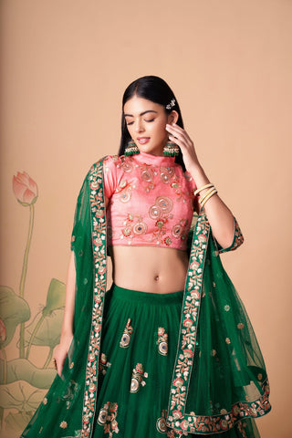Pink & Green Silk Embroidered Lehenga Choli Set with Net Dupatta