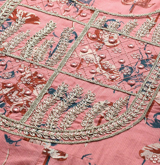 Pink Cotton Zari Work & Floral Print A line Suit Set with Dupatta